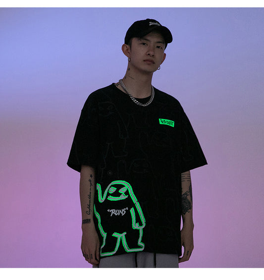 Bear Print Short-Sleeved Men And Women Couple Loose Graphic High Street Hip-Hop Glow-In-The-Dark Tees Shirts Fashion Top